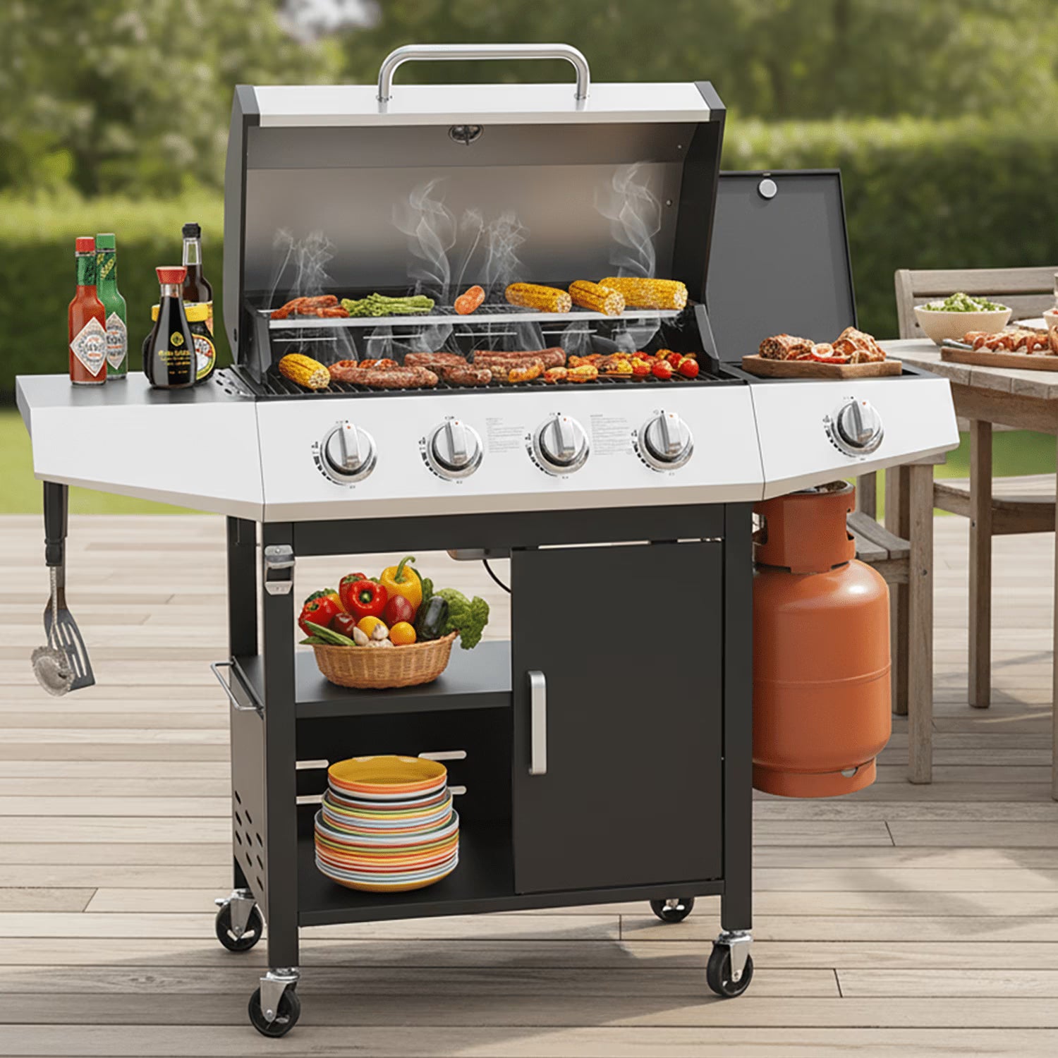 Seizeen 40,500 BTU Propane Gas Grill with Side Burner, Stainless Steel 3 Burner Barbecue Grill Portable on Wheels, with Bottle Opener, for Camping Patio Outdoor Cooking
