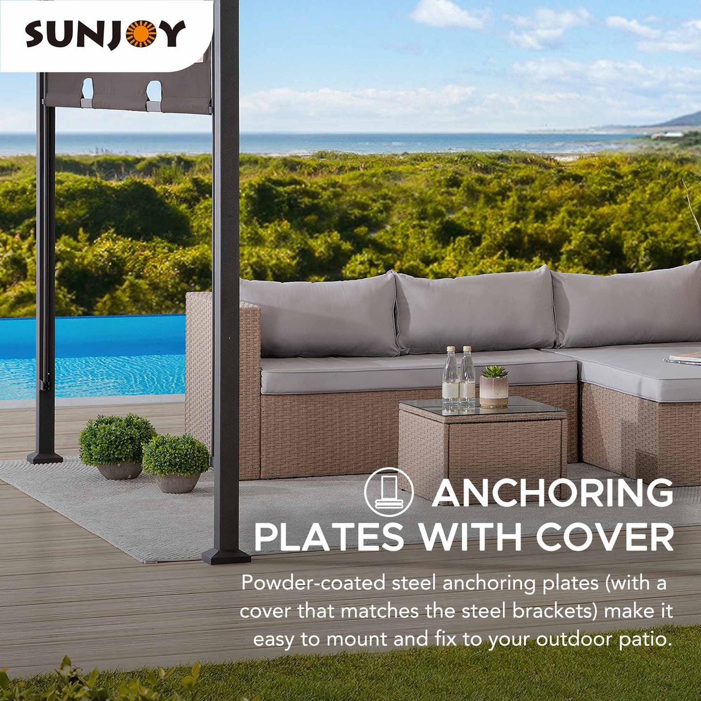 Sunjoy Lindt 9.5 x 11 ft. Outdoor Steel Arched Pergola with Adjustable Canopy for Patio, Backyard, and Garden, Tan & Brown