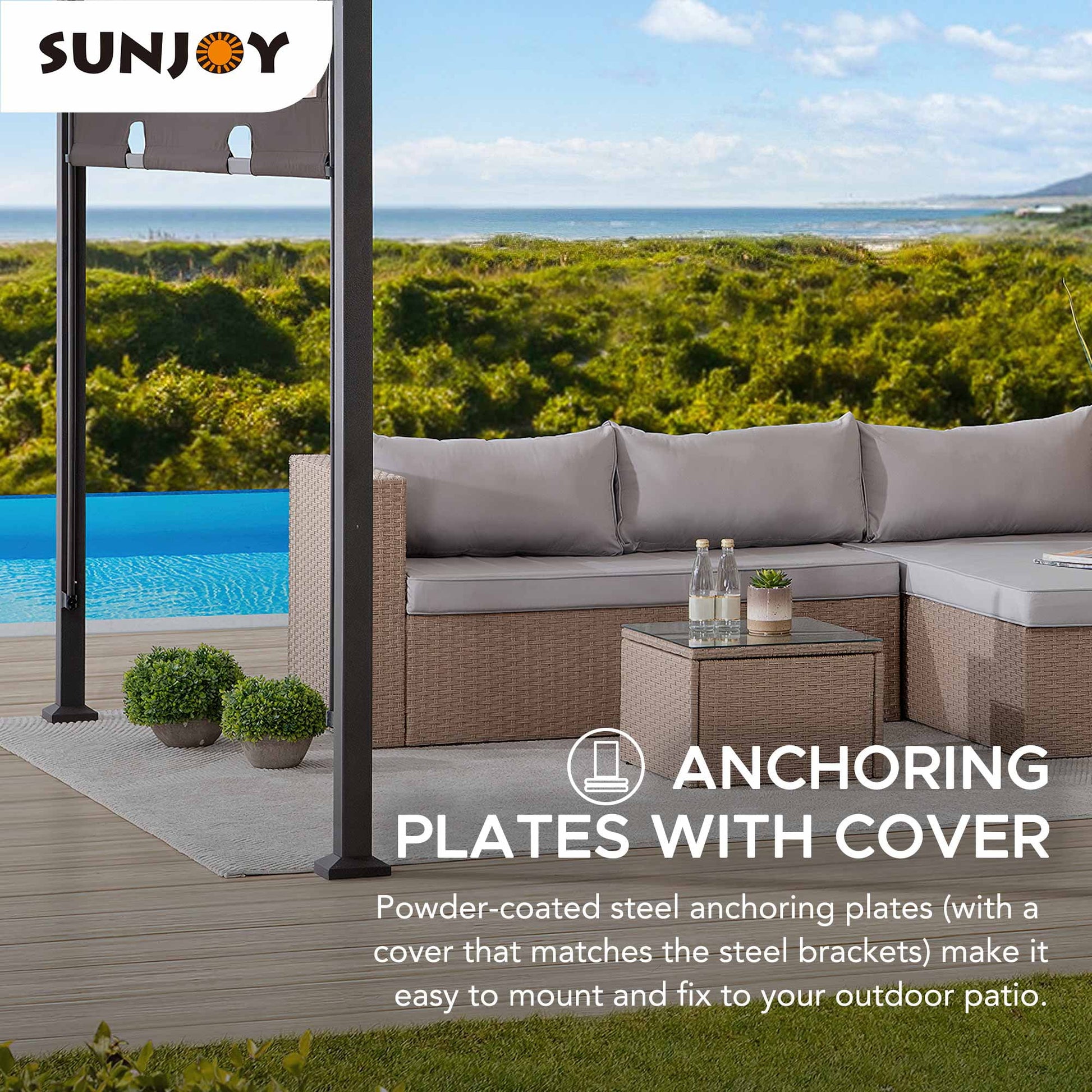 Sunjoy Lindt 9.5 x 11 ft. Outdoor Steel Arched Pergola with Adjustable Canopy for Patio, Backyard, and Garden, Tan & Brown