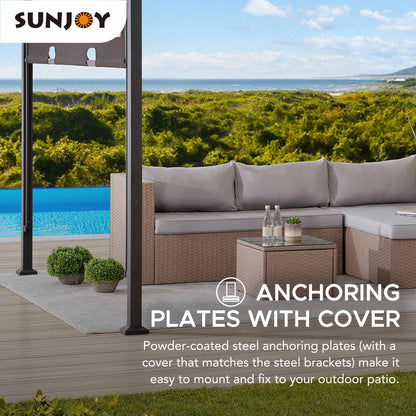 Sunjoy Lindt 9.5 x 11 ft. Outdoor Steel Arched Pergola with Adjustable Canopy for Patio, Backyard, and Garden, Tan & Brown