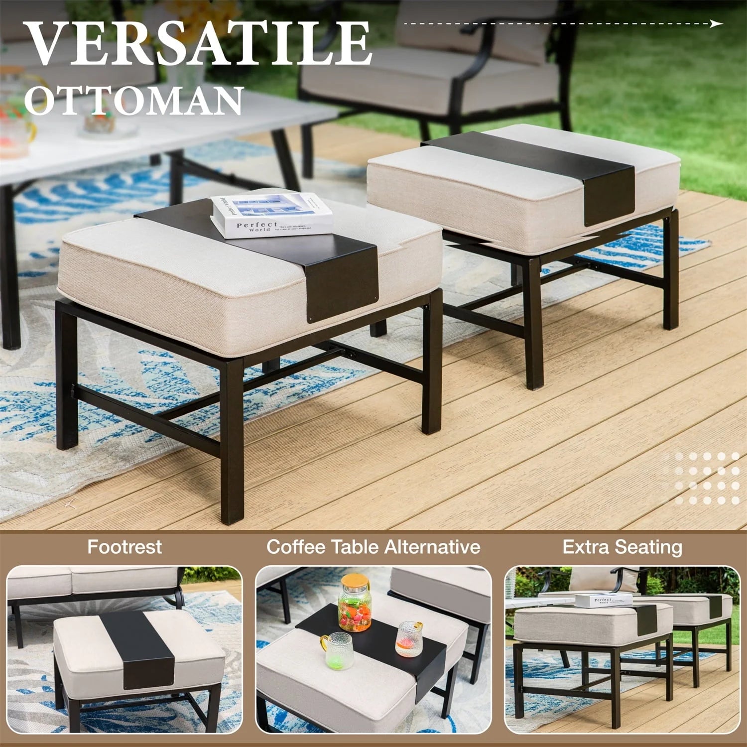MF Studio 7-Seat Patio Conversation Set Metal Outdoor Furniture Sofa Set for 7 Person Beige