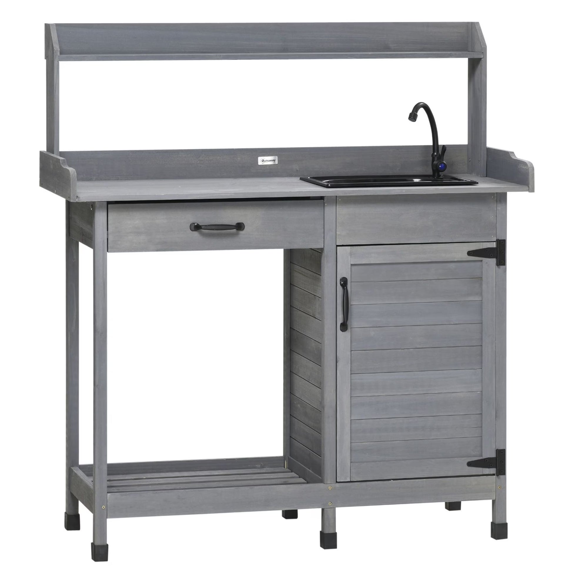 Outdoor Potting Bench with Sink - Garden Work Table with Storage, Gray - Greenhouse Patio Plant Station