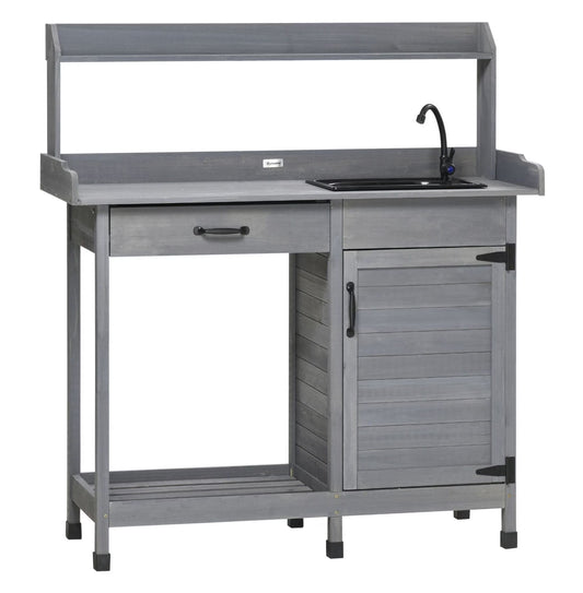 Outdoor Potting Bench with Sink - Garden Work Table with Storage, Gray - Greenhouse Patio Plant Station