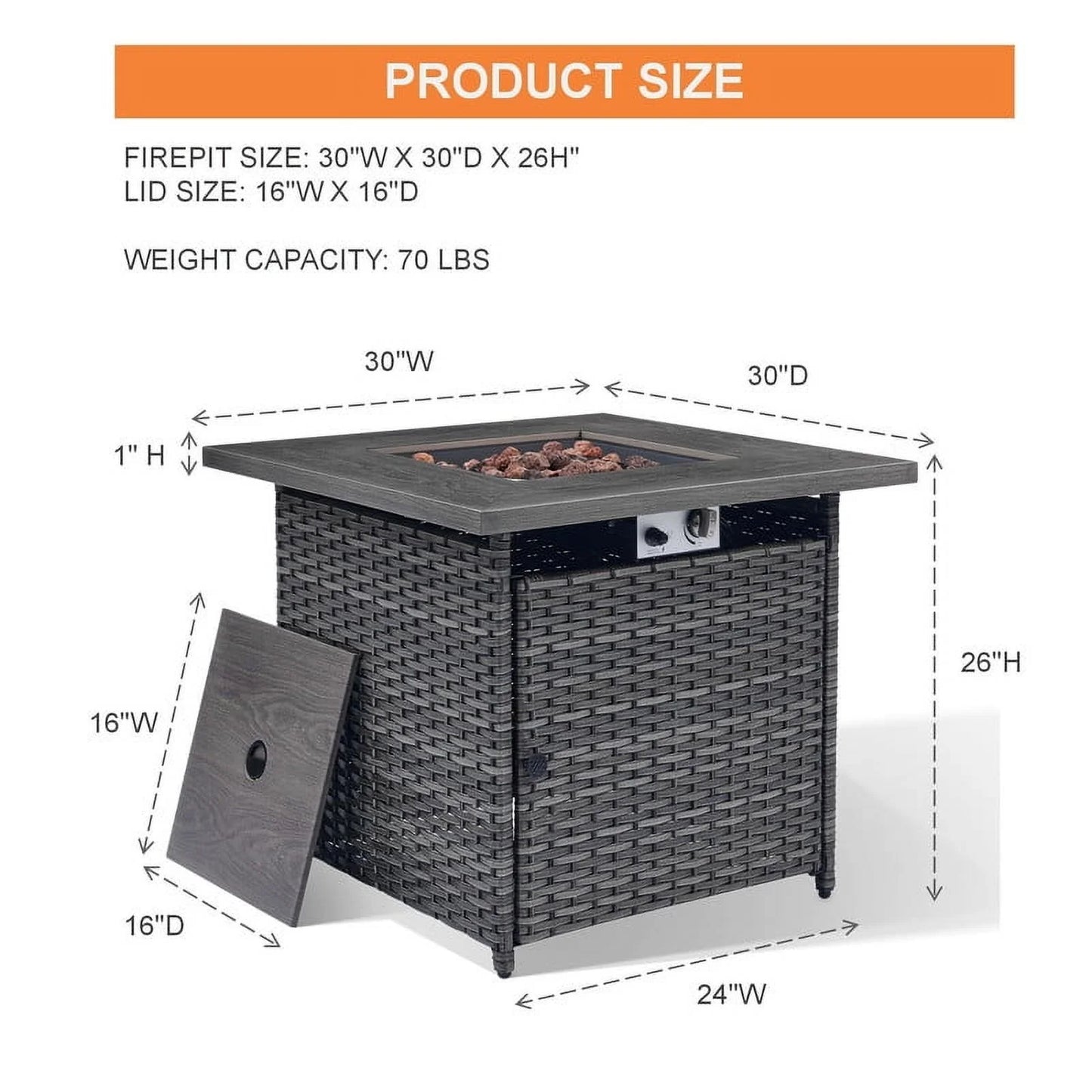 PARKWELL Outdoor Fire Pit 30" Square 50000 BTU Patio Propane Gas Fire Pit Table with Lava Rocks and Lid,Brown Wicker Firepit Faux Wood Tabletop