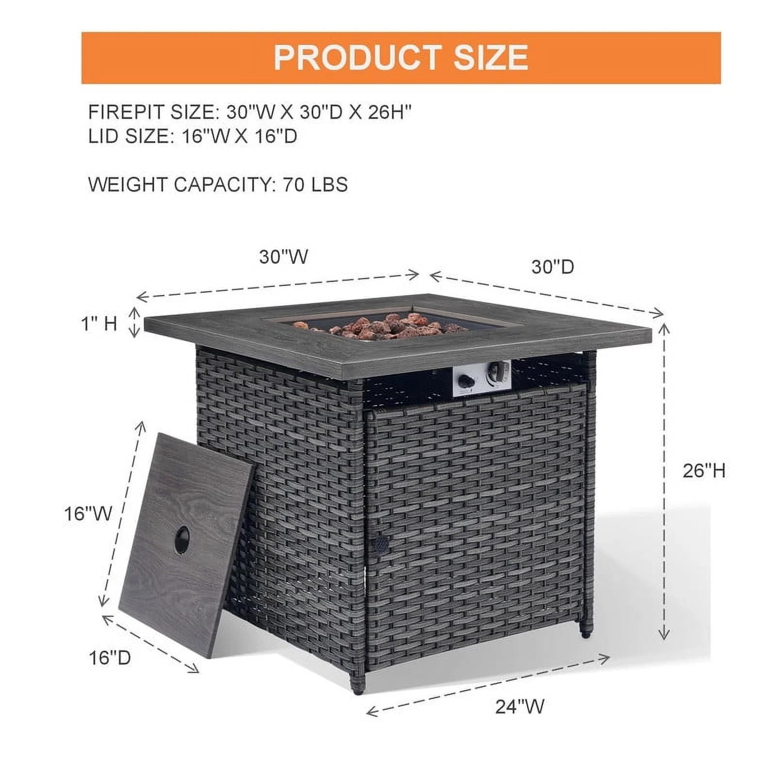 PARKWELL Outdoor Fire Pit 30" Square 50000 BTU Patio Propane Gas Fire Pit Table with Lava Rocks and Lid,Brown Wicker Firepit Faux Wood Tabletop