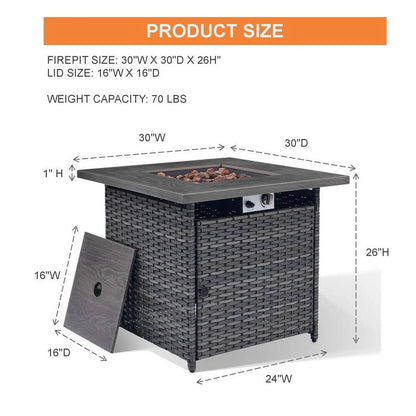 PARKWELL Outdoor Fire Pit 30" Square 50000 BTU Patio Propane Gas Fire Pit Table with Lava Rocks and Lid,Brown Wicker Firepit Faux Wood Tabletop
