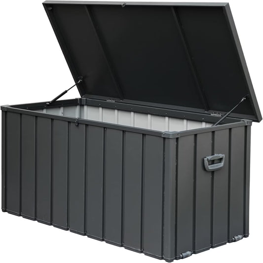 150 Gallon Outdoor Waterproof Storage Deck Box with Portable Side Handles and Moving Roller, Large Patio Storage Lockable for Outside Cushions, Throw Pillows, Garden Tools, Dark Gray