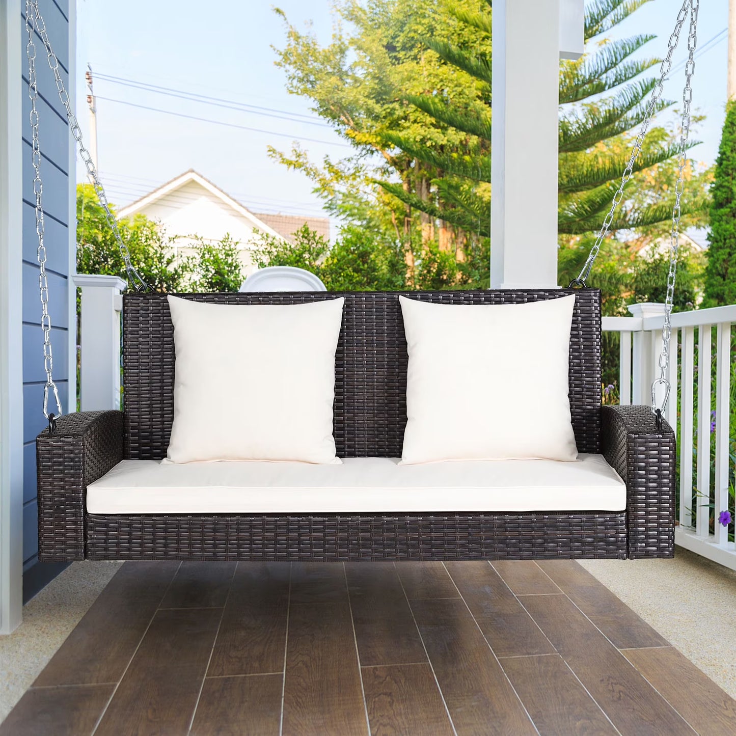 Costway 2-Person Patio Rattan Hanging Porch Swing Bench Chair Cushion Turquoise