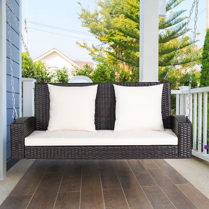 Costway 2-Person Patio Rattan Hanging Porch Swing Bench Chair Cushion Turquoise