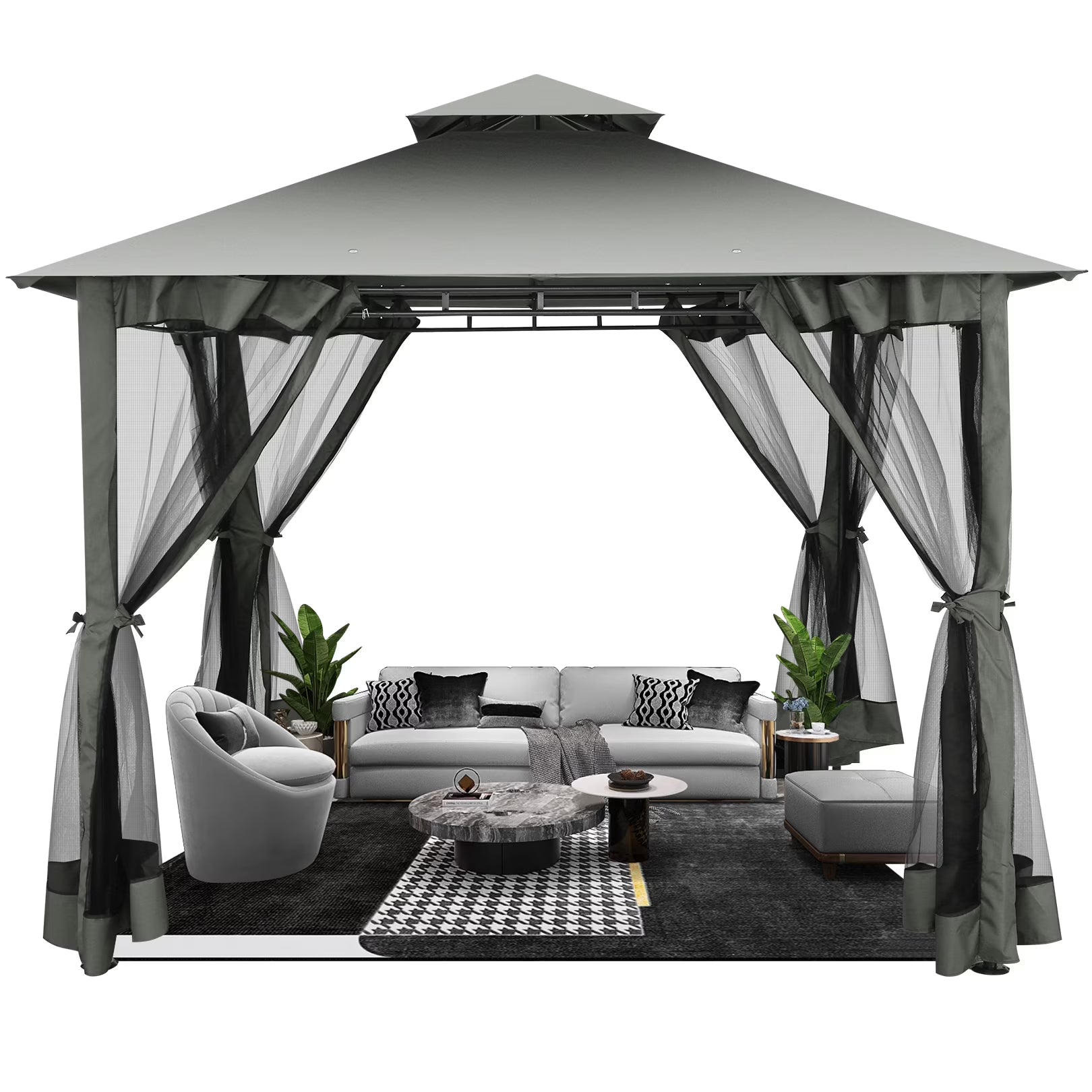 Hoteel 10'x 13' Metal Patio Gazebo, Outdoor Gazebo Canopy Tent for Backyard with Mosquito Netting, Gazebos Shelter with Steel Frame, Patio Covers for Shade and Rain, Khaki