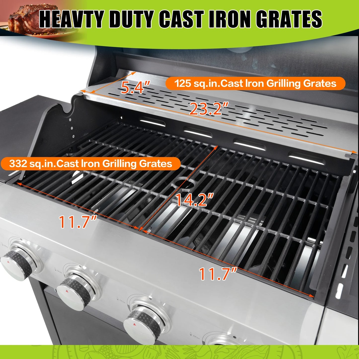 Propane Gas BBQ Grill with Side Burner 42,000 BTU Output Stainless Steel 4-Burners for Outdoor Cooking Kitchen Patio Backyard Barbecue, Silver