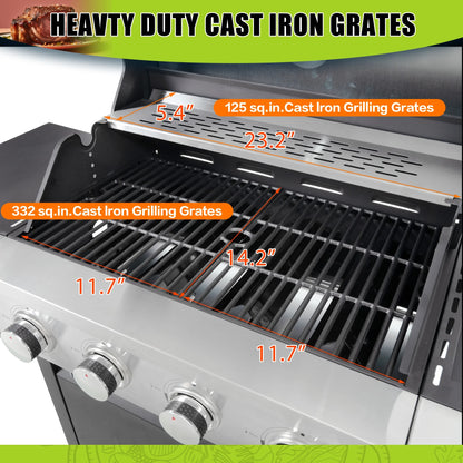 Propane Gas BBQ Grill with Side Burner 42,000 BTU Output Stainless Steel 4-Burners for Outdoor Cooking Kitchen Patio Backyard Barbecue, Silver
