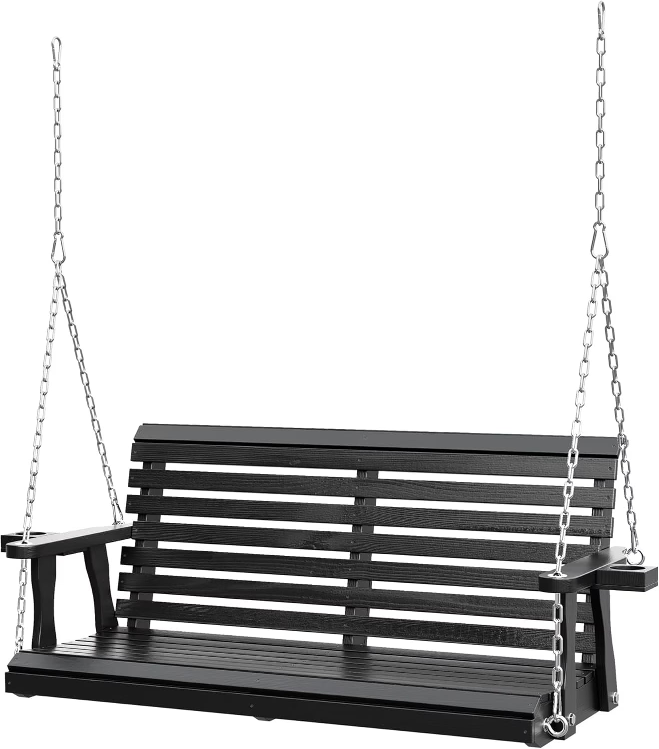 SUNCROWN Porch Swing 2-Seater, Wooden Outdoor Swing Bench with Cup Holder and Chains, 440 LBS Weight Capacity Outdoor Hanging Bench Swing for Patio & Garden (Brown)