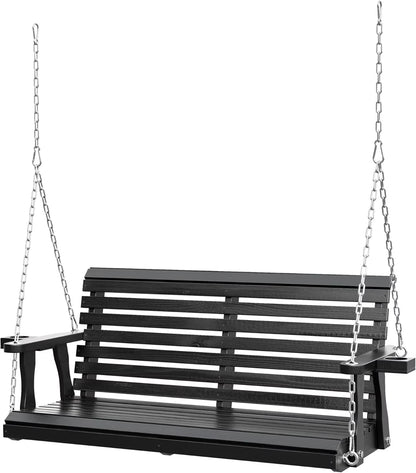 SUNCROWN Porch Swing 2-Seater, Wooden Outdoor Swing Bench with Cup Holder and Chains, 440 LBS Weight Capacity Outdoor Hanging Bench Swing for Patio & Garden (Brown)