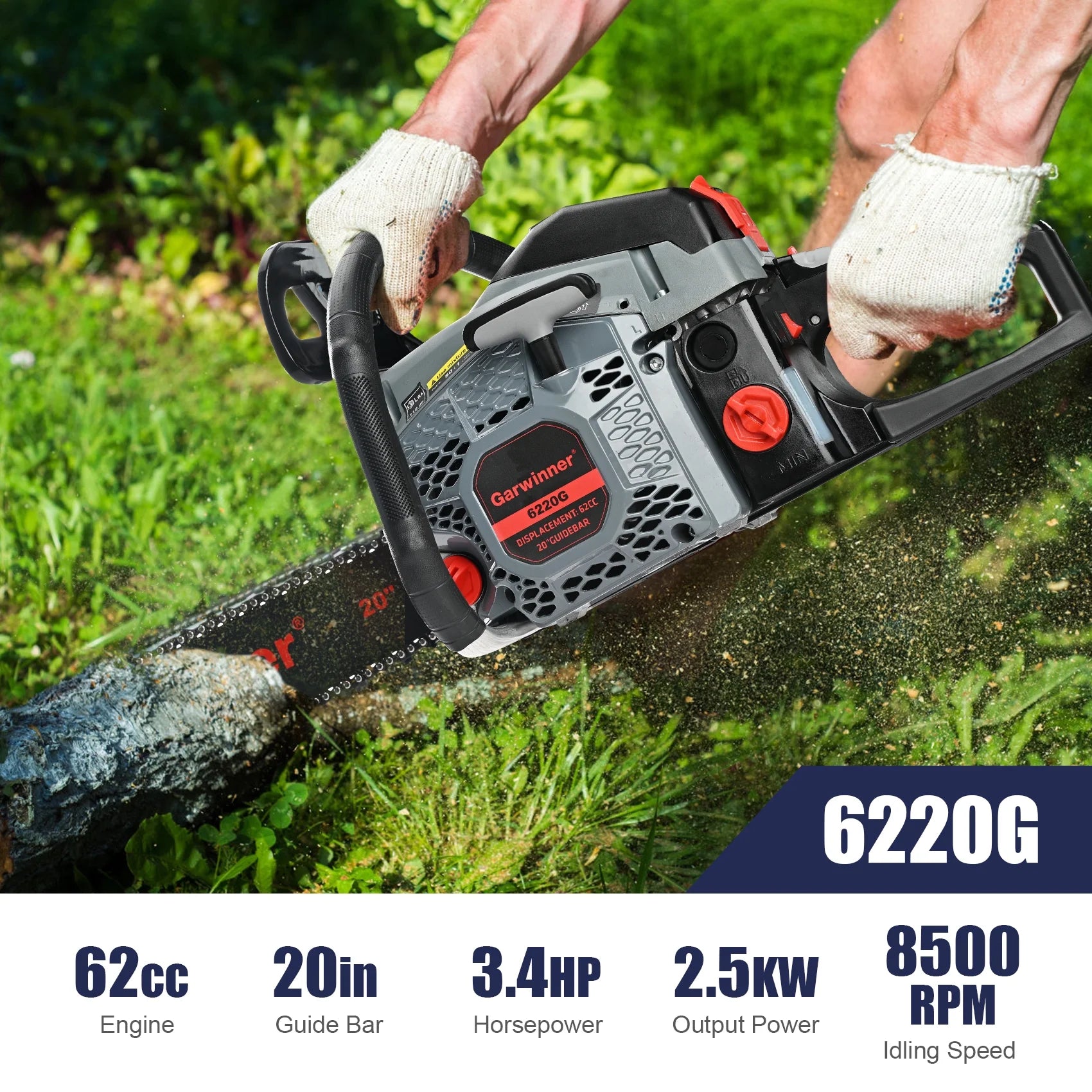 Gas Chainsaw 20in. 3.4HP Gas Powered Chainsaw 2-Cycle Handheld Chain Saw for Garden/Patio/Farm 6220G(Two Chains)