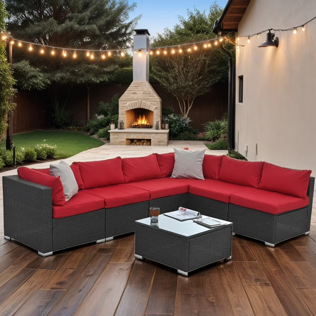 7 Pieces Outdoor Patio Furniture Set, Outdoor Sectional Rattan Sofa, PE Manual Weaving Wicker Patio Conversation Set with Cushion, Glass Table, Pillow, Dark Gray
