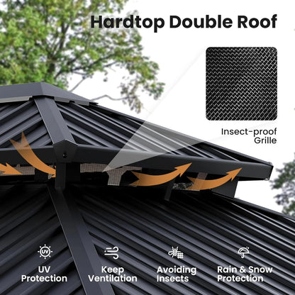 COSIEST 12'x16' Hardtop Gazebo Rustproof Double Roof Metal Roof with Netting and Curtains,Durable Outdoor Pavilion for Patio,Lawn and Garden