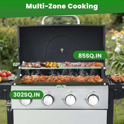 BBQ Grill, Seizeen Gas Grill with Side Burner, 40,000BTU 3-Burner Propane Grill w/Storage Cabinet, Steel Brush, Stainless Steel Camping for Backyard Patio, Portable Design on Wheels