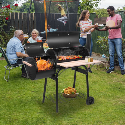 Clearance Charcoal Grill, Portable Oil Drum Charcoal Furnace with Stainless Steel BBQ Smoker, Wood Shelf, Thermometer, Wheels, for patio, Pool, Camping