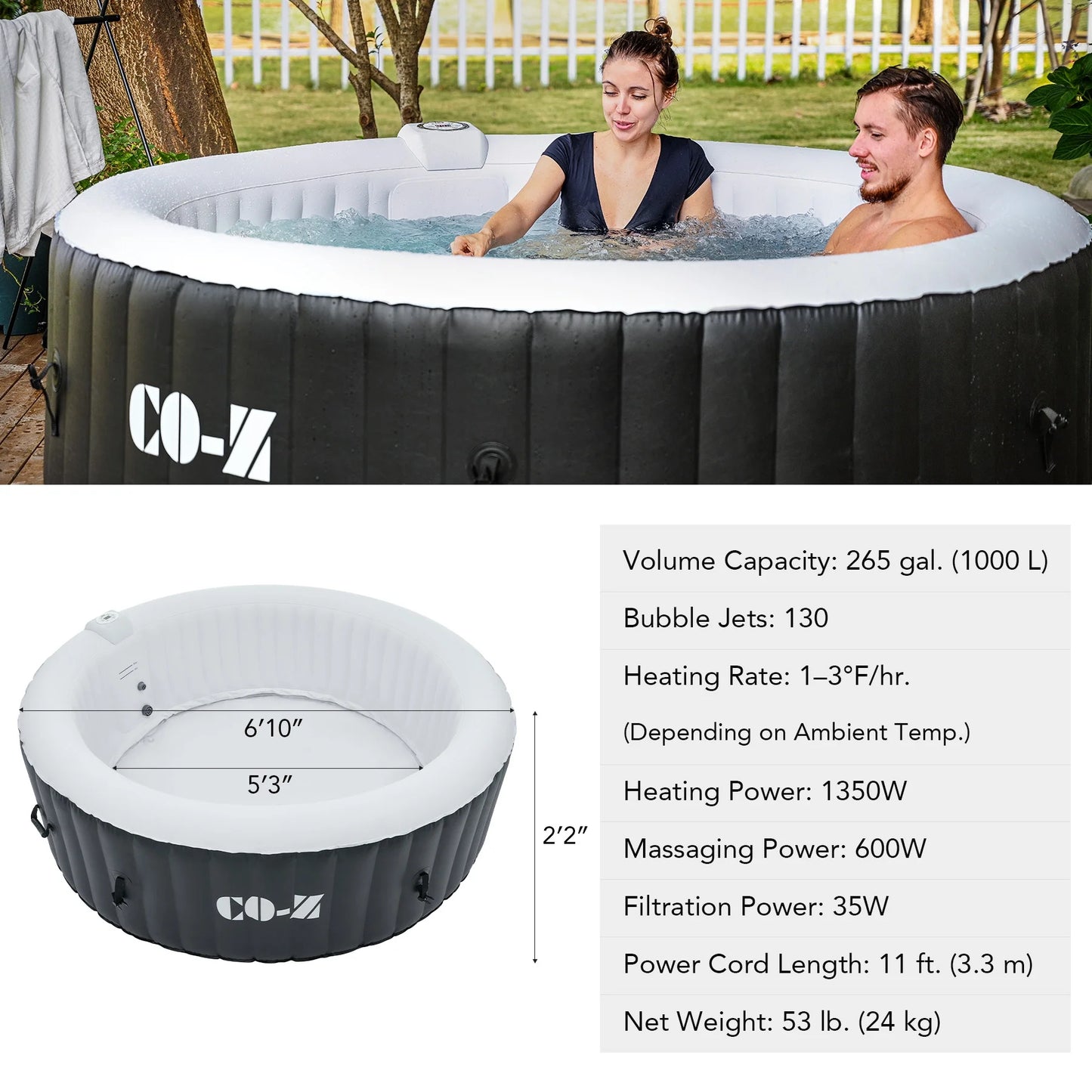 CO-Z 7' Inflatable Hot Tub Portable 4-6 Person Round Spa Tub for Patio Backyard Black