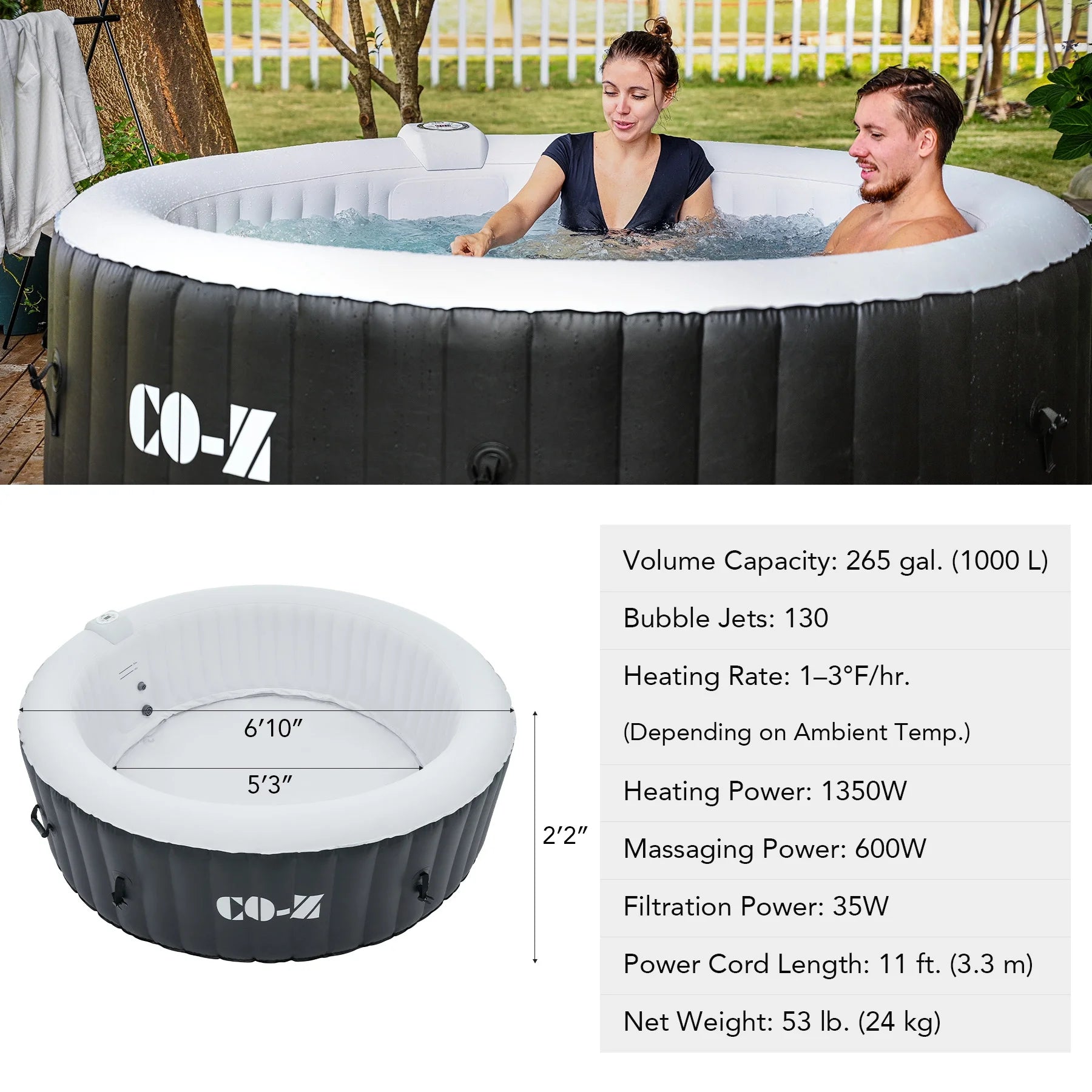 CO-Z 7' Inflatable Hot Tub Portable 4-6 Person Round Spa Tub for Patio Backyard Black