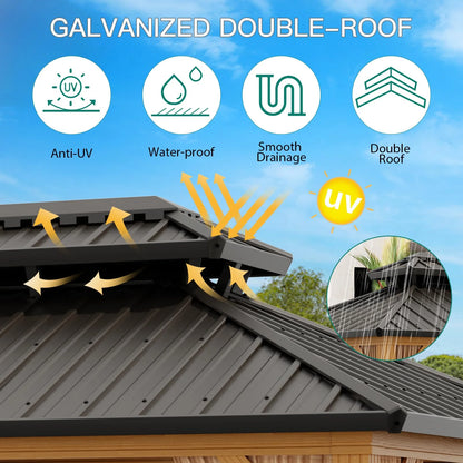 TROPOW 10x12ft Hardtop Gazebo Double Roof with Nettings and Curtains,Aluminum Frame,Wood Grain Heavy Duty Galvanized Steel Outdoor Combined of Vertical Stripes Roof for Garden,Patio,Lawns,Parties