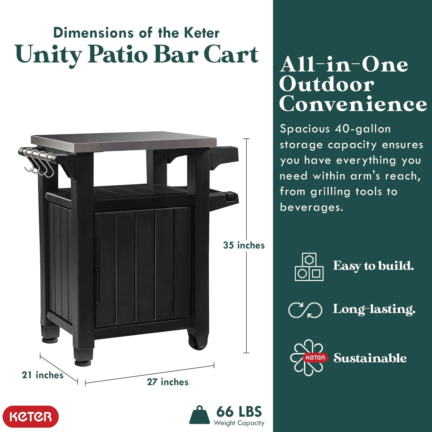 Keter Unity 40 Gal Patio Storage Grilling Bar Cart w/Stainless Steel Top, Brown