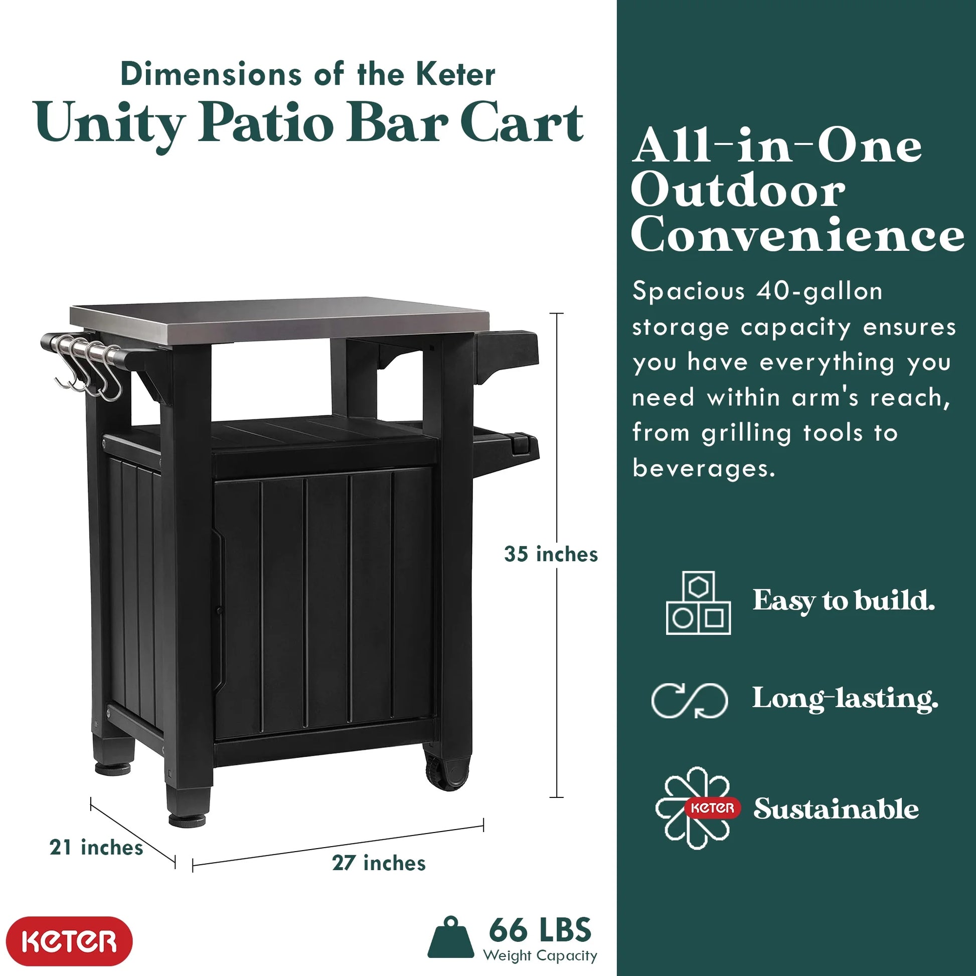 Keter Unity 40 Gal Patio Storage Grilling Bar Cart w/Stainless Steel Top, Brown