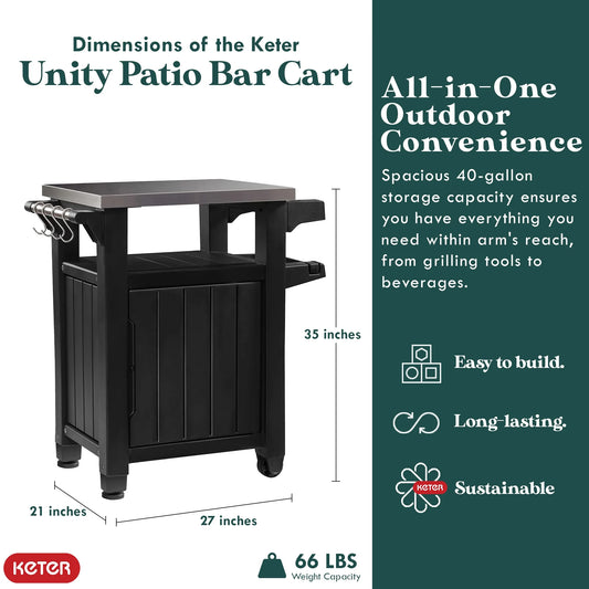 Keter Unity 40 Gal Patio Storage Grilling Bar Cart w/Stainless Steel Top, Brown