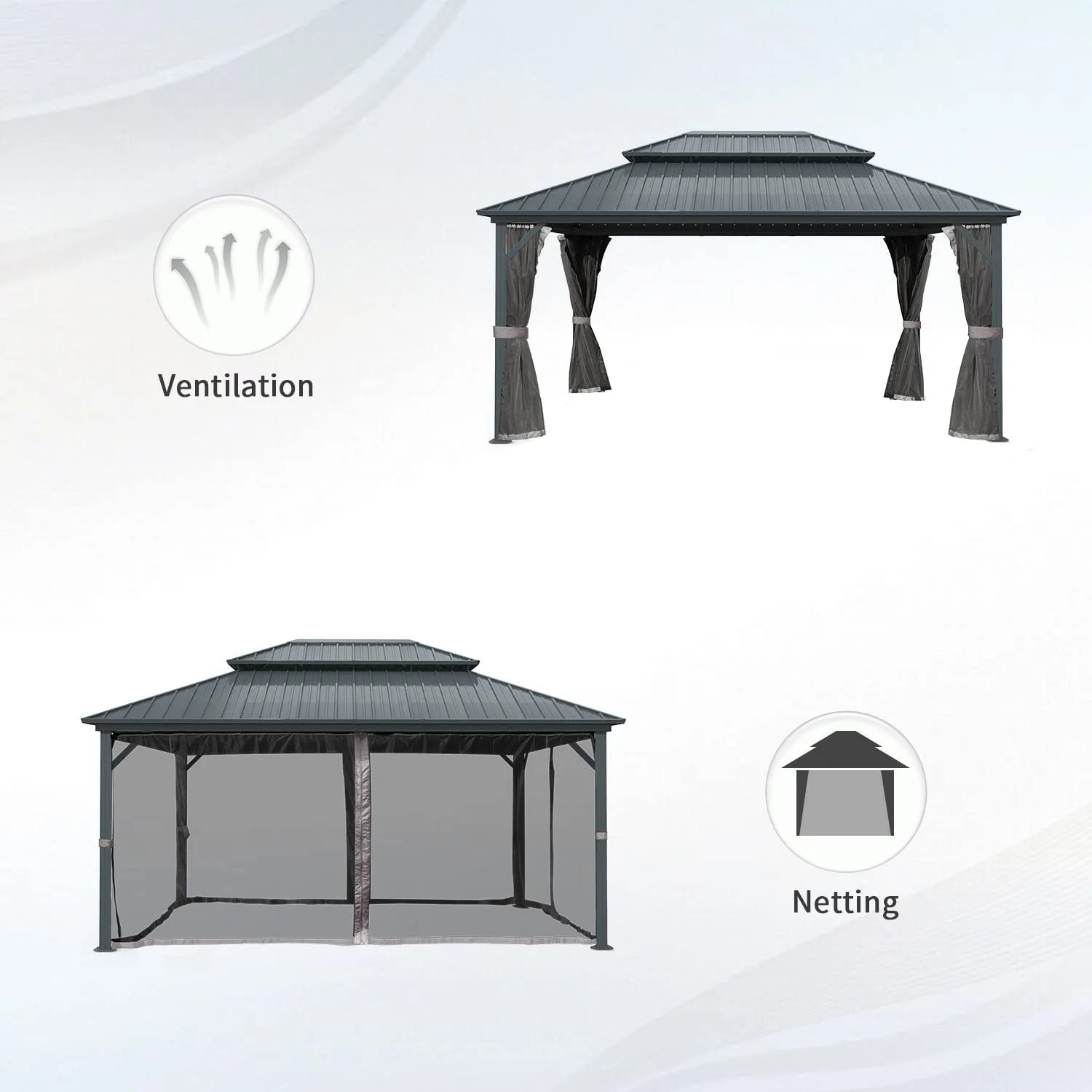 Domi 10' X 12' Hardtop Gazebo, Aluminum Metal Gazebo with Galvanized Steel Double Roof Canopy, Netting, Permanent Gazebo Pavilion for Patio, Backyard, Deck, Yard