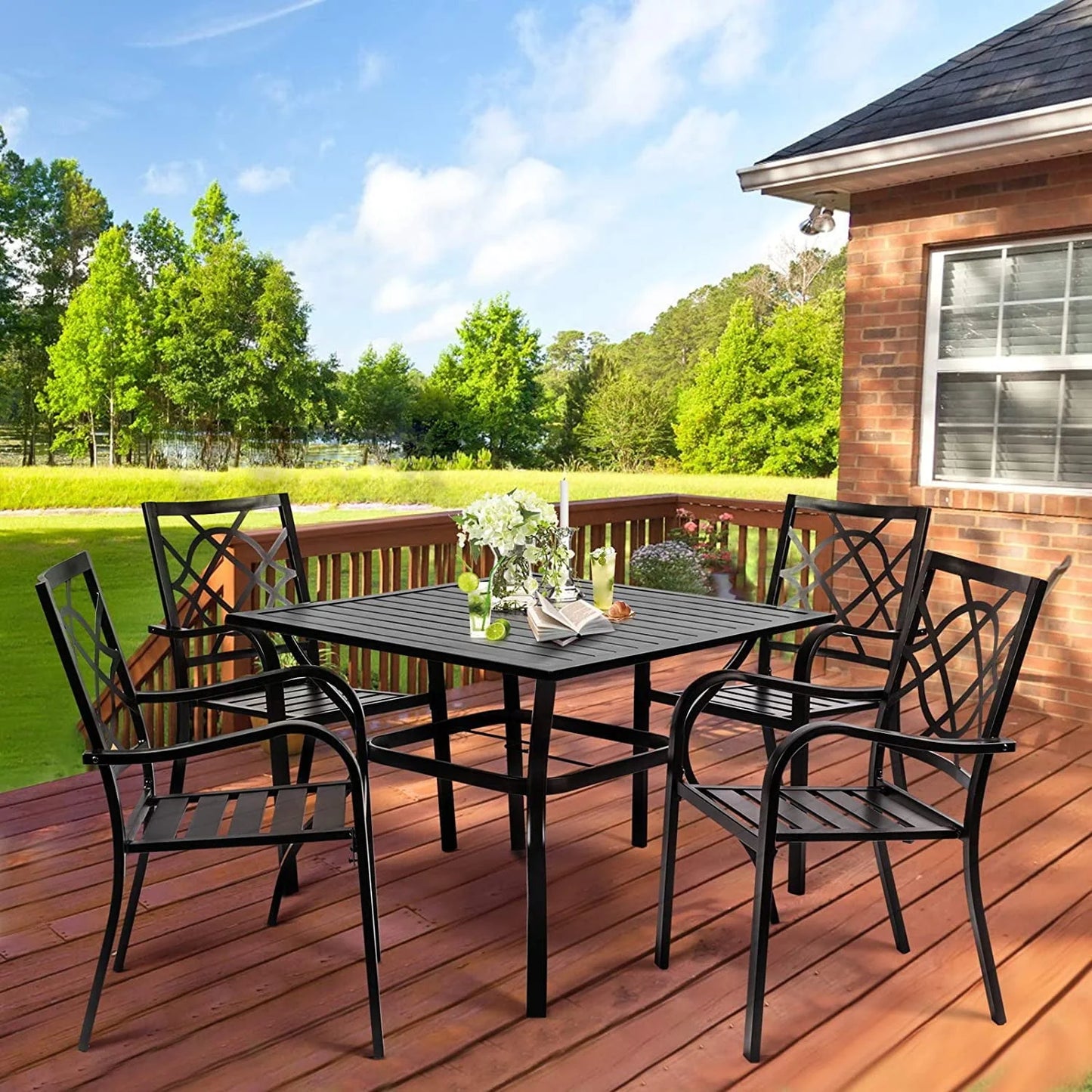 SUNCROWN 37" 4 Seat Outdoor Dining Table Patio Metal Square Bistro Balcony Table with 1.57" Umbrella Hole, Black