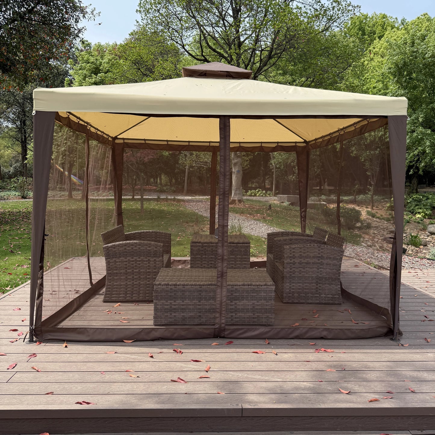 10'x10' Patio Gazebo Tent Outdoor Canopy Shelter w/Mosquito Netting & 2-Tiered Vented Top for Garden, Backyard Deck And Lawns