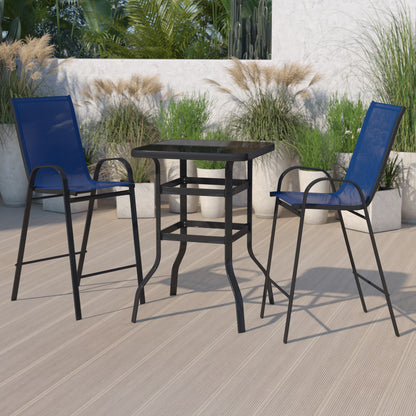 Emma + Oliver 3 Piece Outdoor Bar Height Set-Glass Patio Bar Table-Black All-Weather Barstools