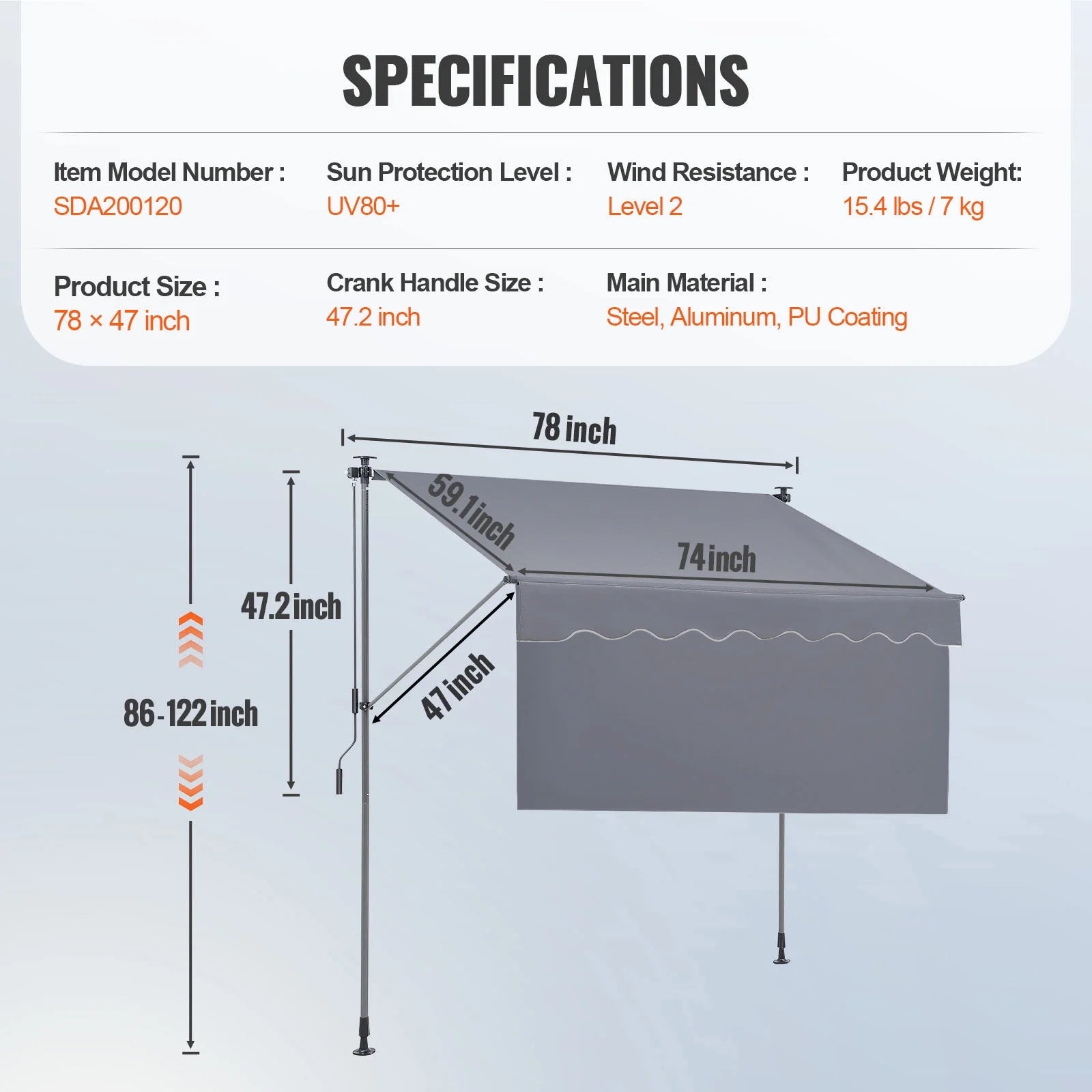 VEVOR Manual Retractable Awning, 78" Outdoor Retractable Patio Awning Sunshade Shelter, Adjustable Patio Door Window Awning Canopy with 39" Sun Shade Curtain for Backyard, Garden, Balcony