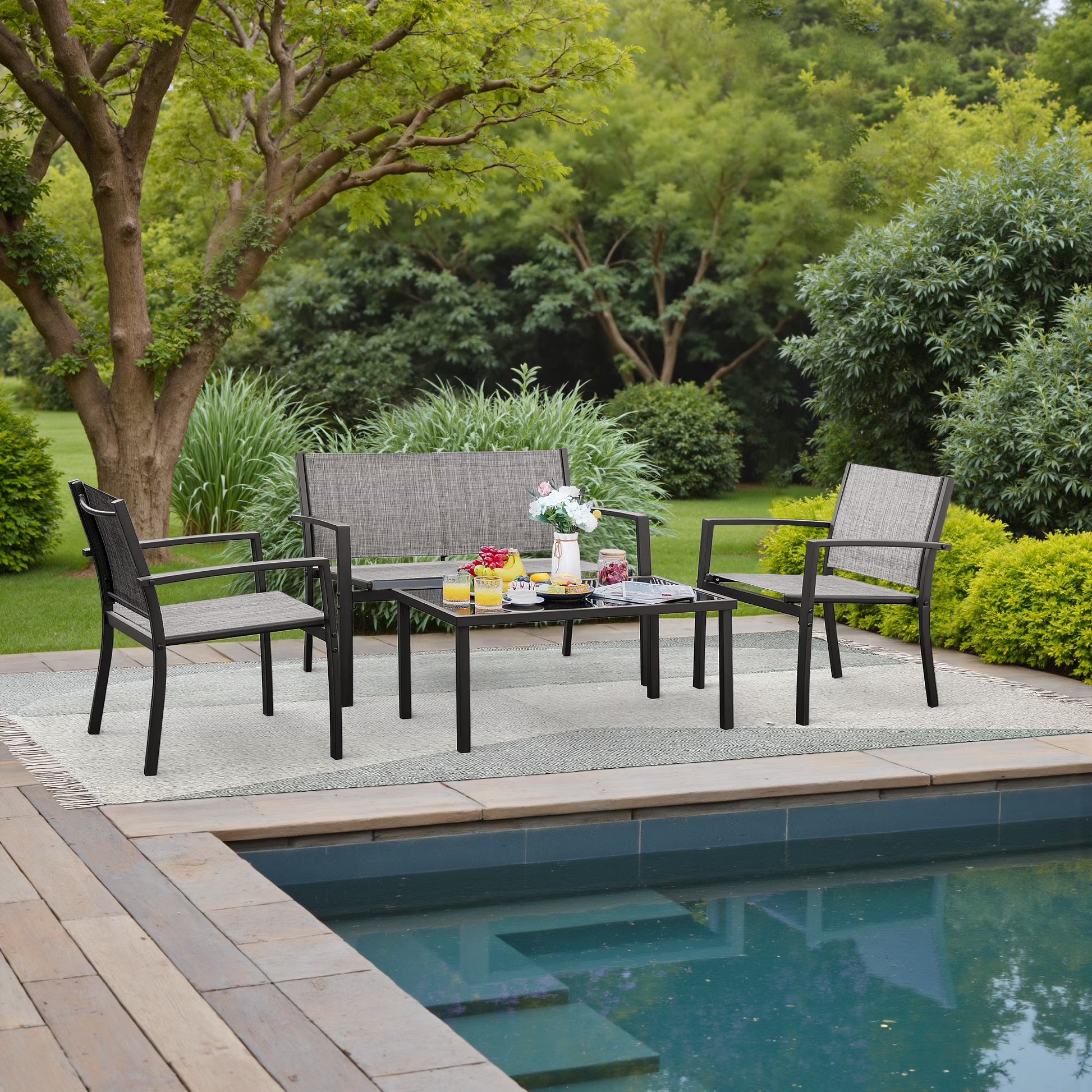 LACOO 4 Pieces Outdoor Furniture Set Patio Textilene Steel Conversation Set with Loveseat Tea Table for Lawn and Balcony, Black