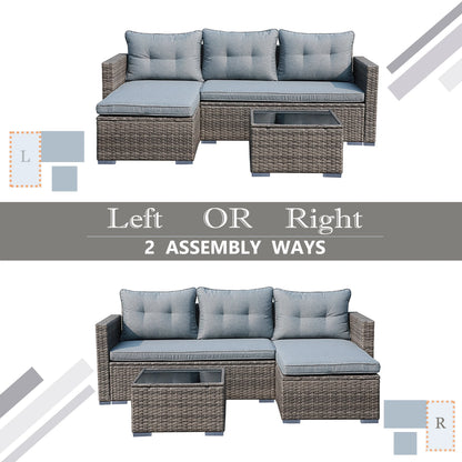 JOIVI 3 Pieces Patio Conversation Set, PE Wicker Rattan Outdoor Furniture Set, 2 Ways Small Sectional Sofa, Tempered Glass Coffee Table, Silver-Gray
