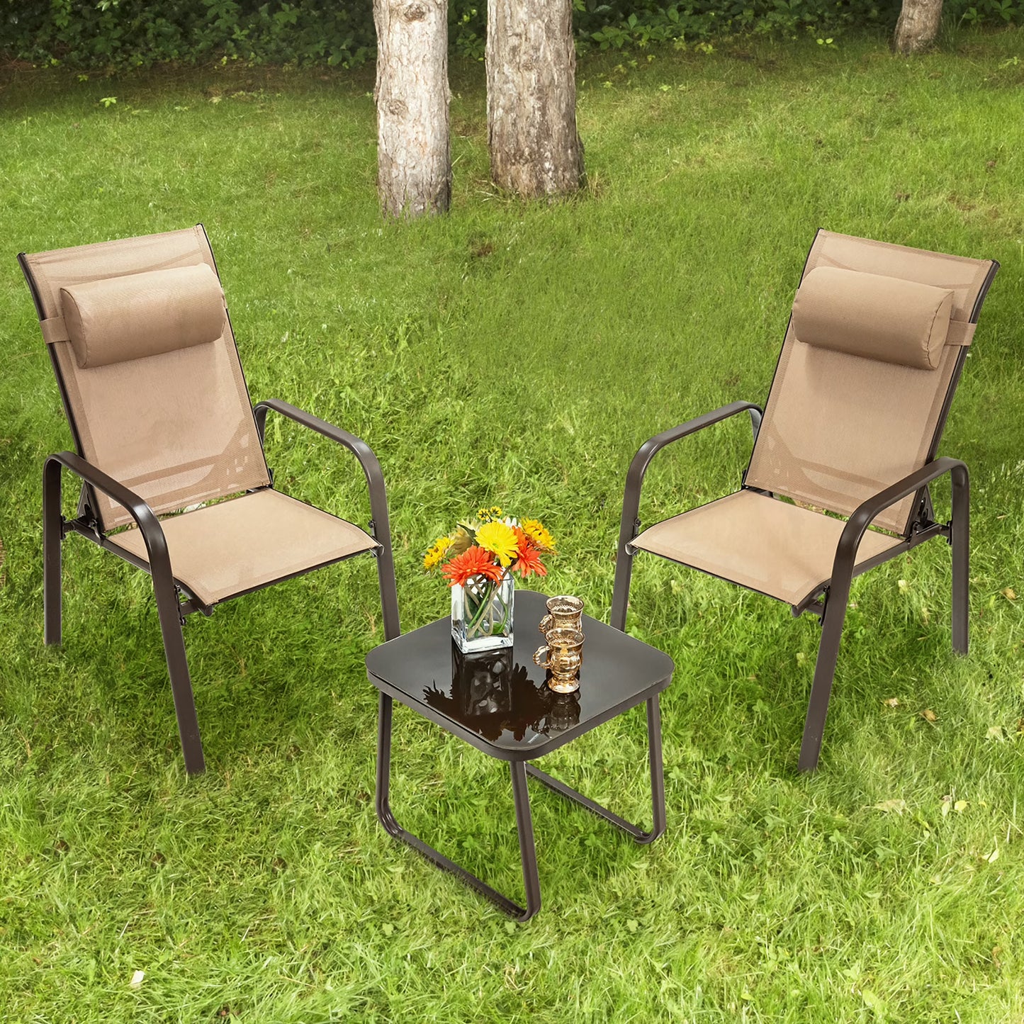 Costway 3PCS Patio Bistro Furniture Set Adjustable Back Stackable Chairs Black