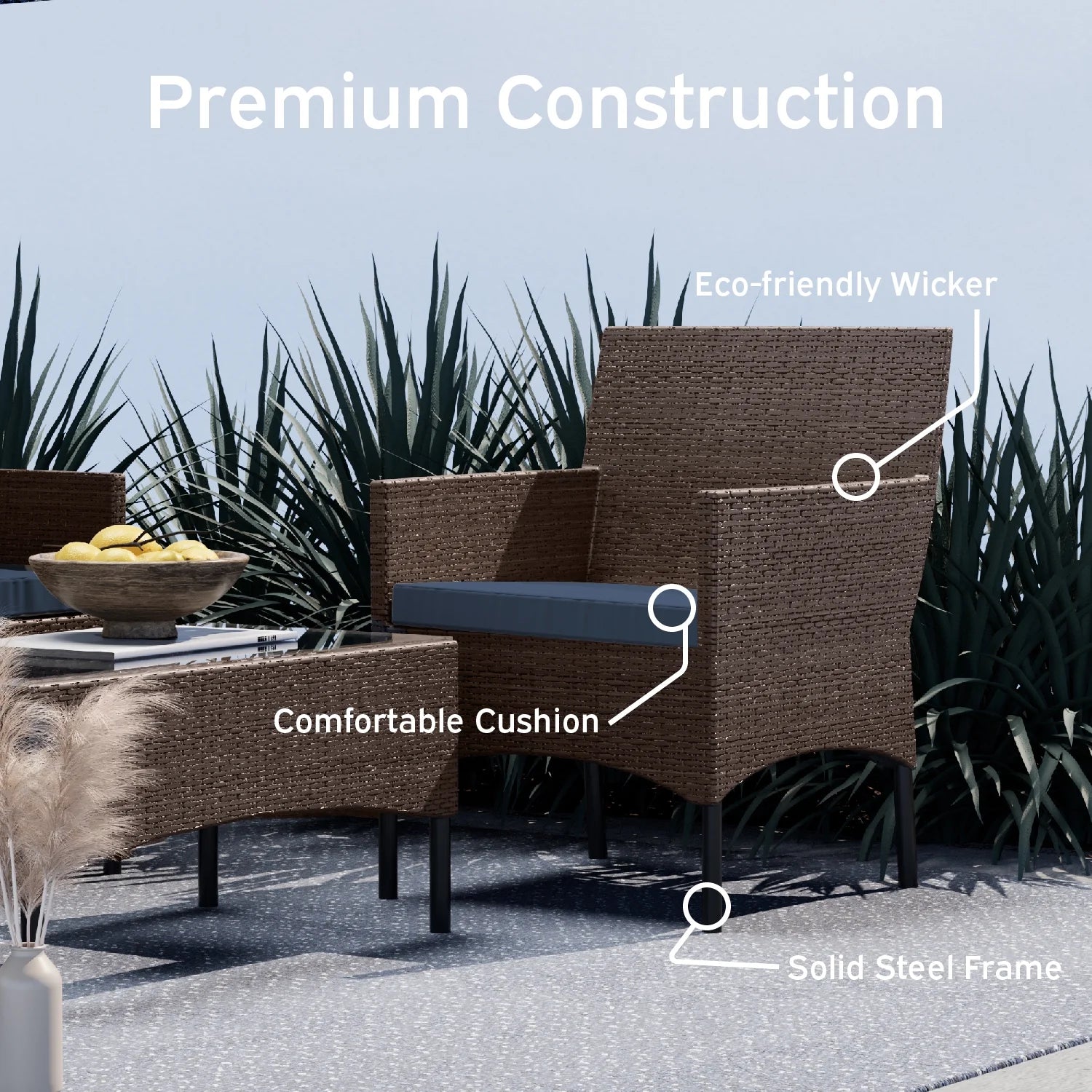 Hearth & Harbor Outdoor Furniture Set, 4 Piece Wicker Patio Chairs Set, Brown with Navy Cushions