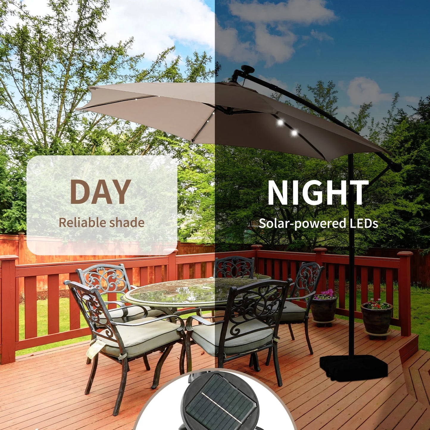 Ainfox 10ft Cantilever Patio Umbrella with Lights, Offset Market Umbrella with Sandbags Weighted Base and Cross Base,Khaki