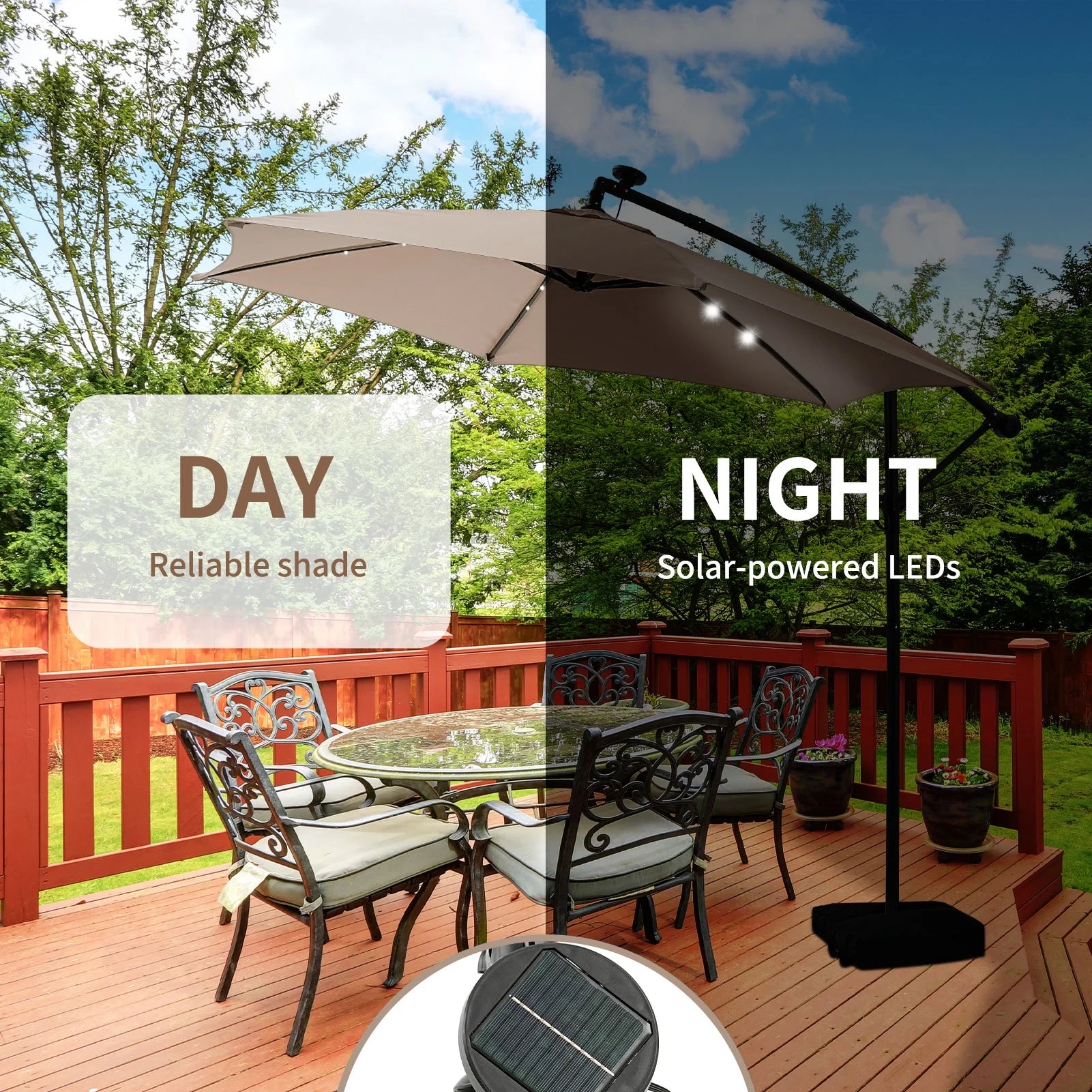 Ainfox 10ft Cantilever Patio Umbrella with Lights, Offset Market Umbrella with Sandbags Weighted Base and Cross Base,Khaki