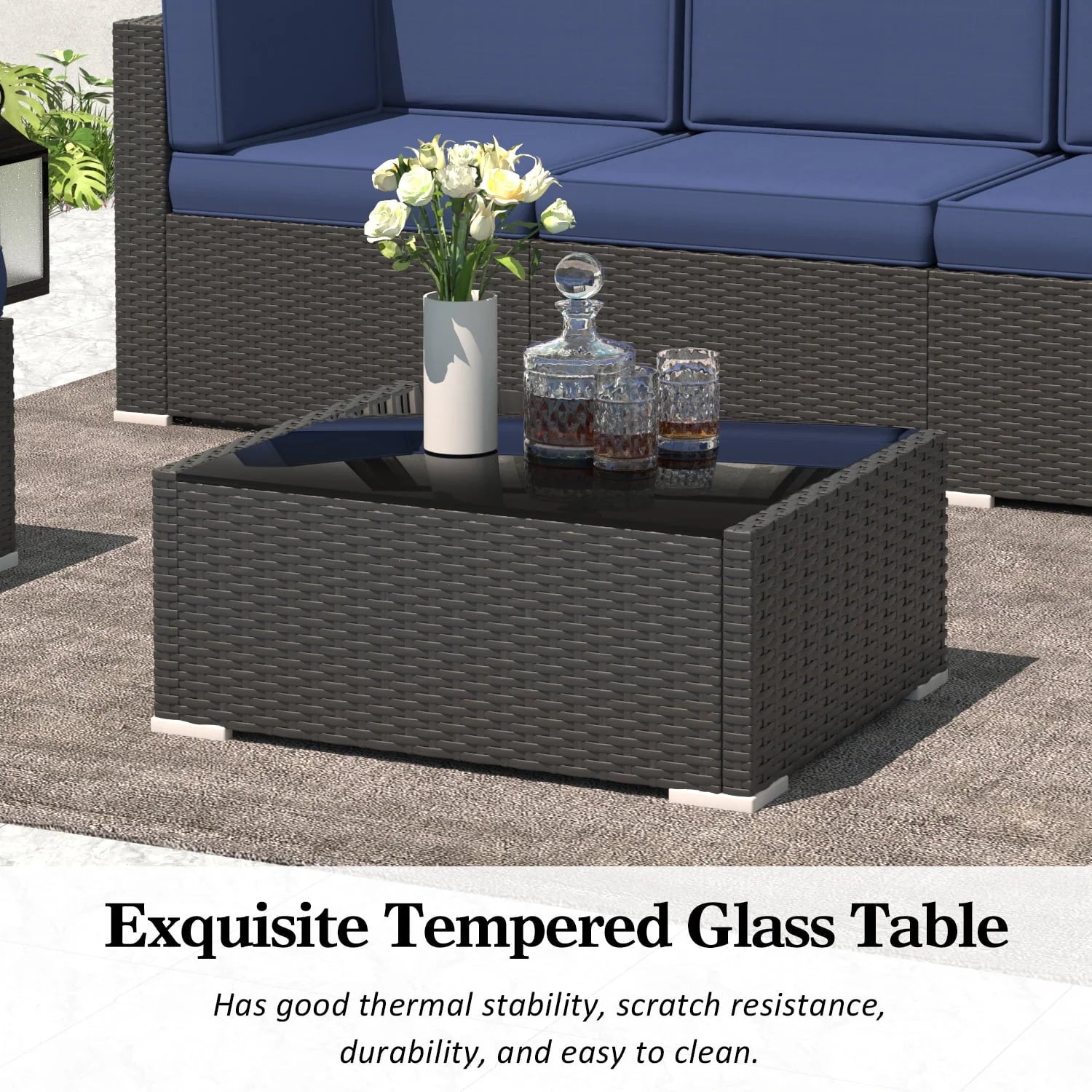 8 Piece Patio Furniture Set with 44" Propane Gas Fire Pit Table, Outdoor Sectional Conversation Set Wicker Rattan Sofa Set with Coffee Table