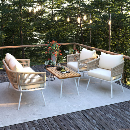 Outdoor Furniture With Thick Cushions & Wood Frame - Beige Rope Patio Fade- Exotic