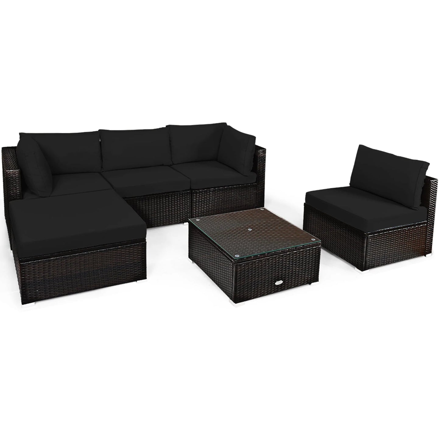 Gymax 6PCS Rattan Patio Sectional Sofa Set Outdoor Furniture Set w/Black Cushions
