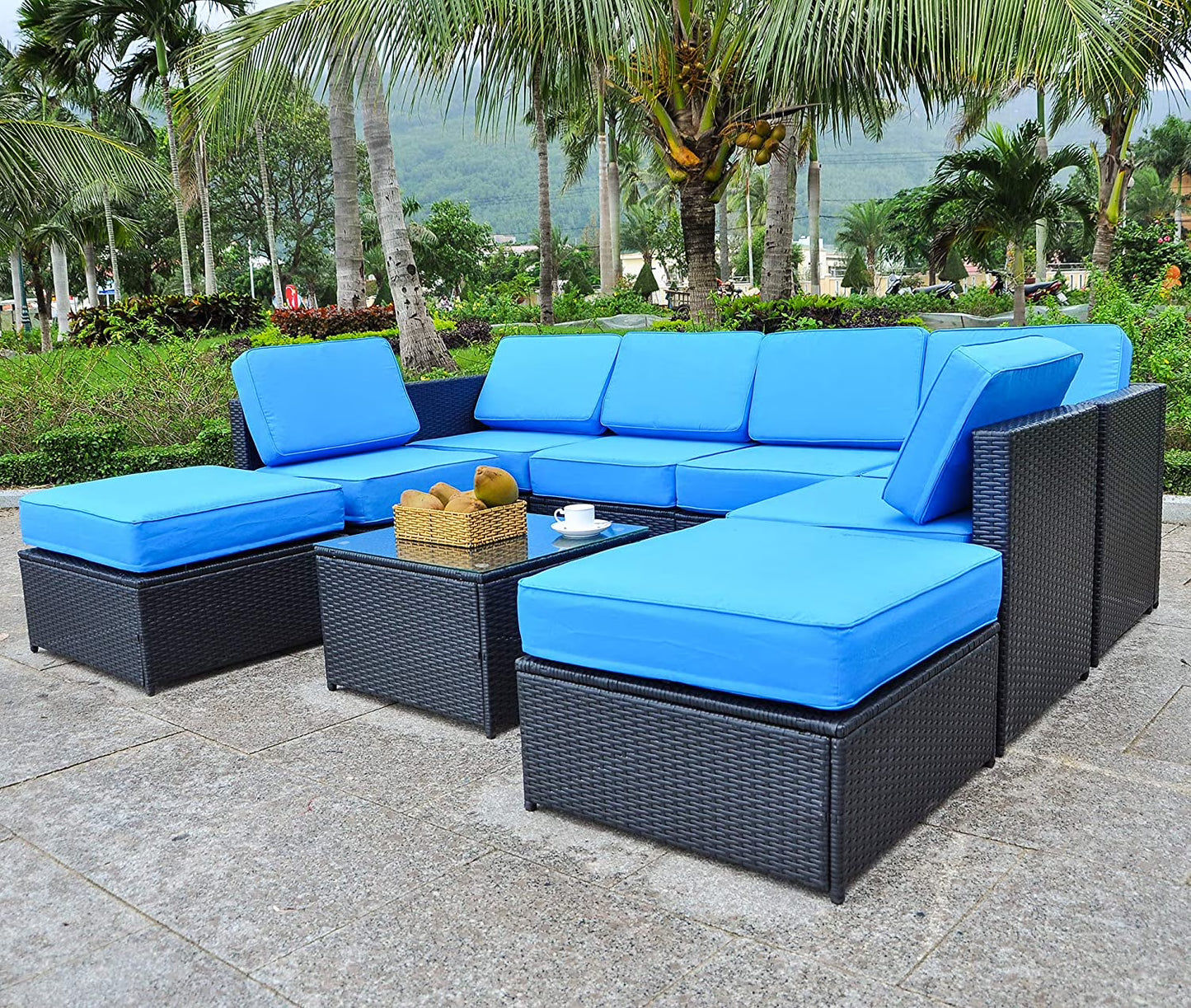 Mcombo Aluminum Outdoor Patio Furniture Sectional Set Black Wicker Sofa All-weather Resin Rattan Conversation Chair with Cushions 6080-1007 Cw
