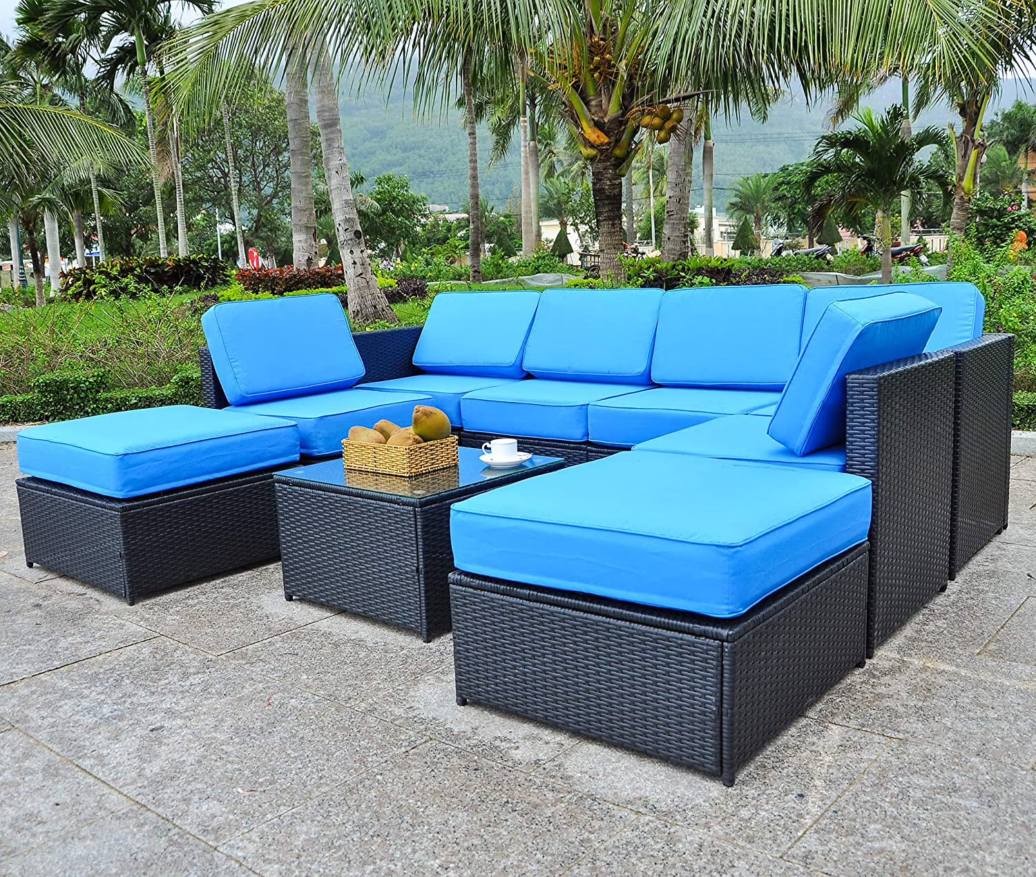 Mcombo Aluminum Outdoor Patio Furniture Sectional Set Black Wicker Sofa All-weather Resin Rattan Conversation Chair with Cushions 6080-1007 Cw
