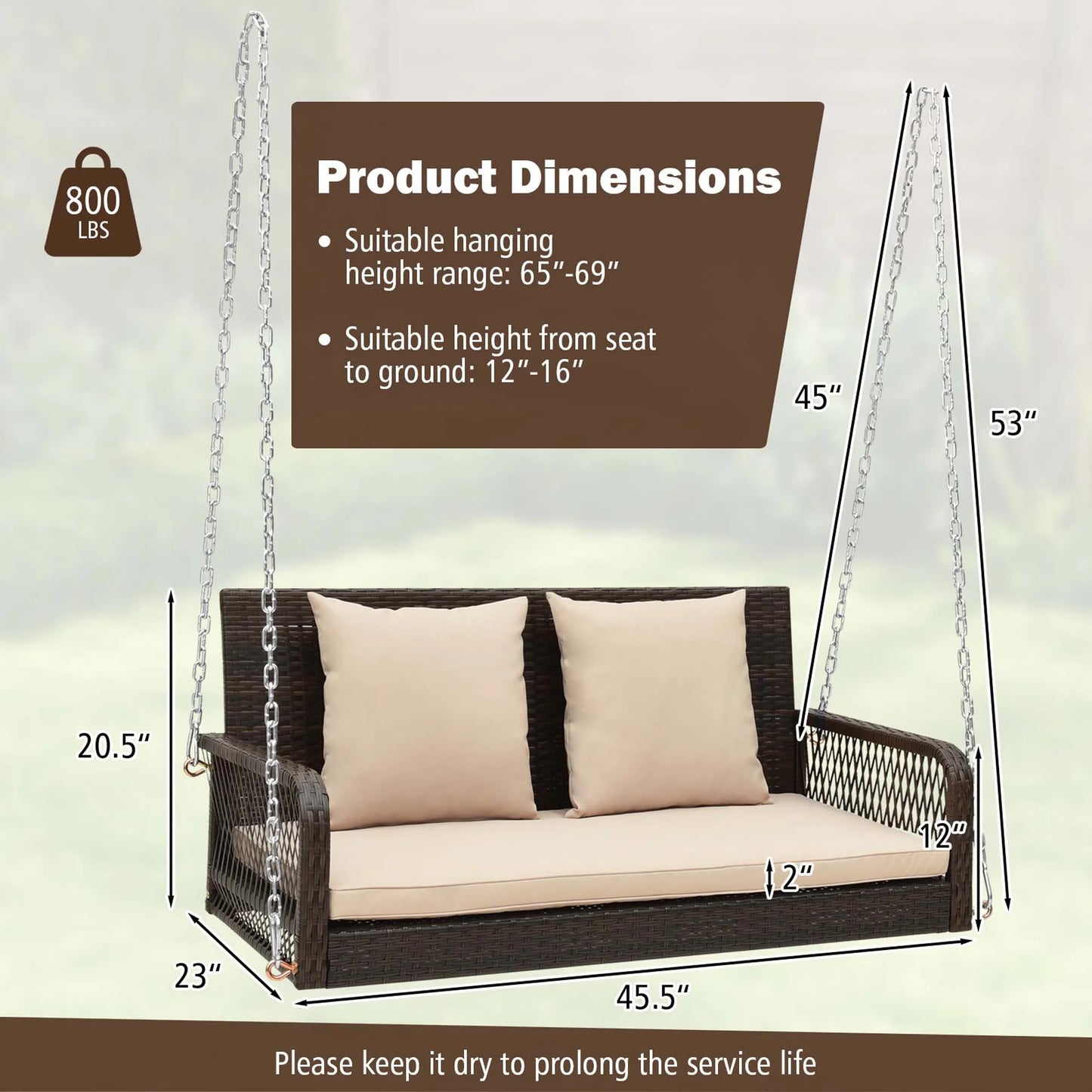 Costway Patio Wicker Porch Swing 2-Person Hanging Loveseat Bench Chair with Cushions Beige