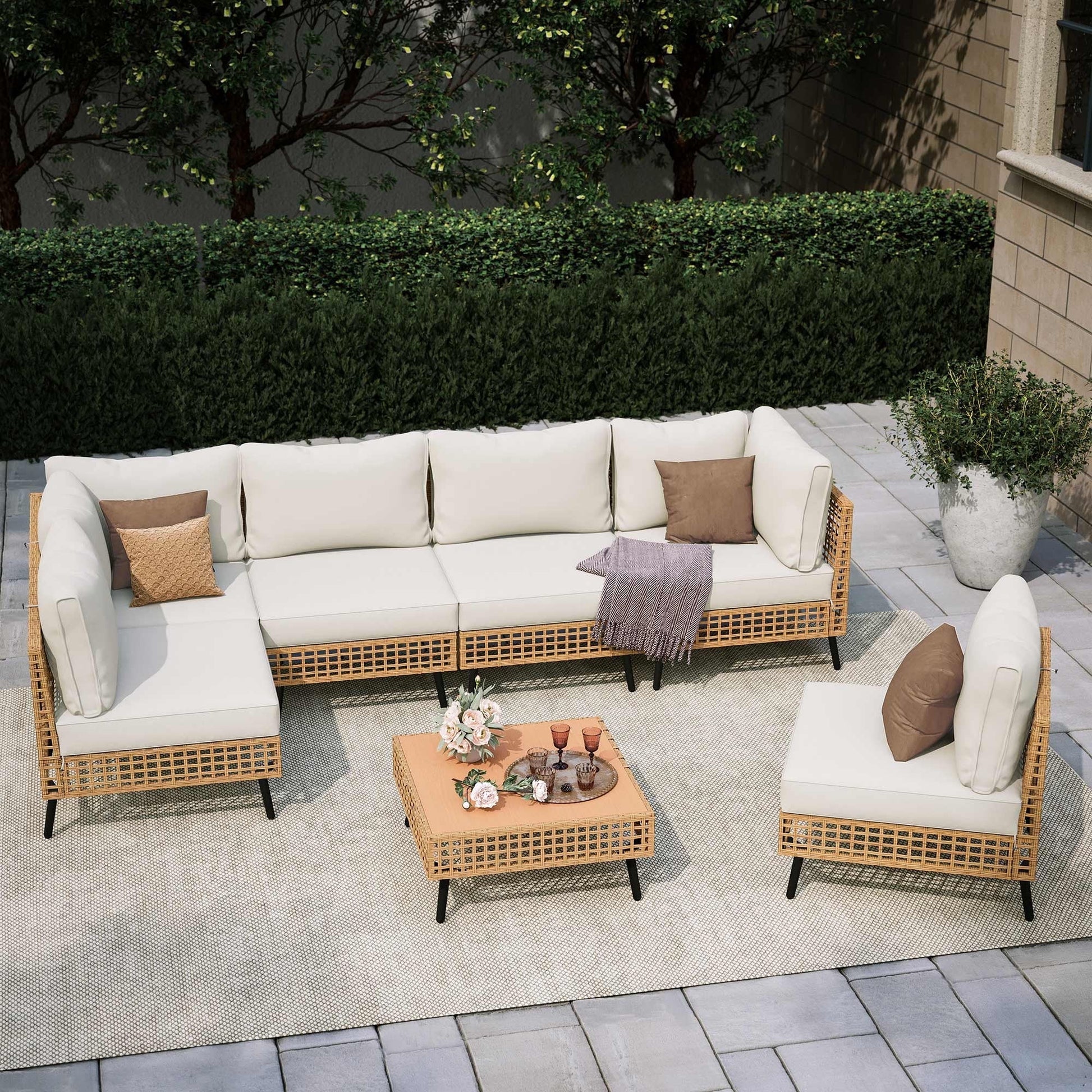 LAUSAINT HOME 7 Pieces Patio Furniture Set, Outdoor Wicker Conversation Sectional Set with Beige Cushions