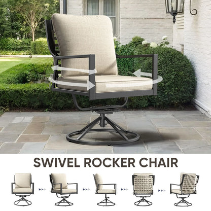 OPOHORO Swivel Rocker Patio Chairs Set of 4, Outdoor PE Wicker Dining Chairs with Beige Olefin Cushions and Gray Metal Frame, 360° Swivel & Rocking Motion for Garden Deck Porch
