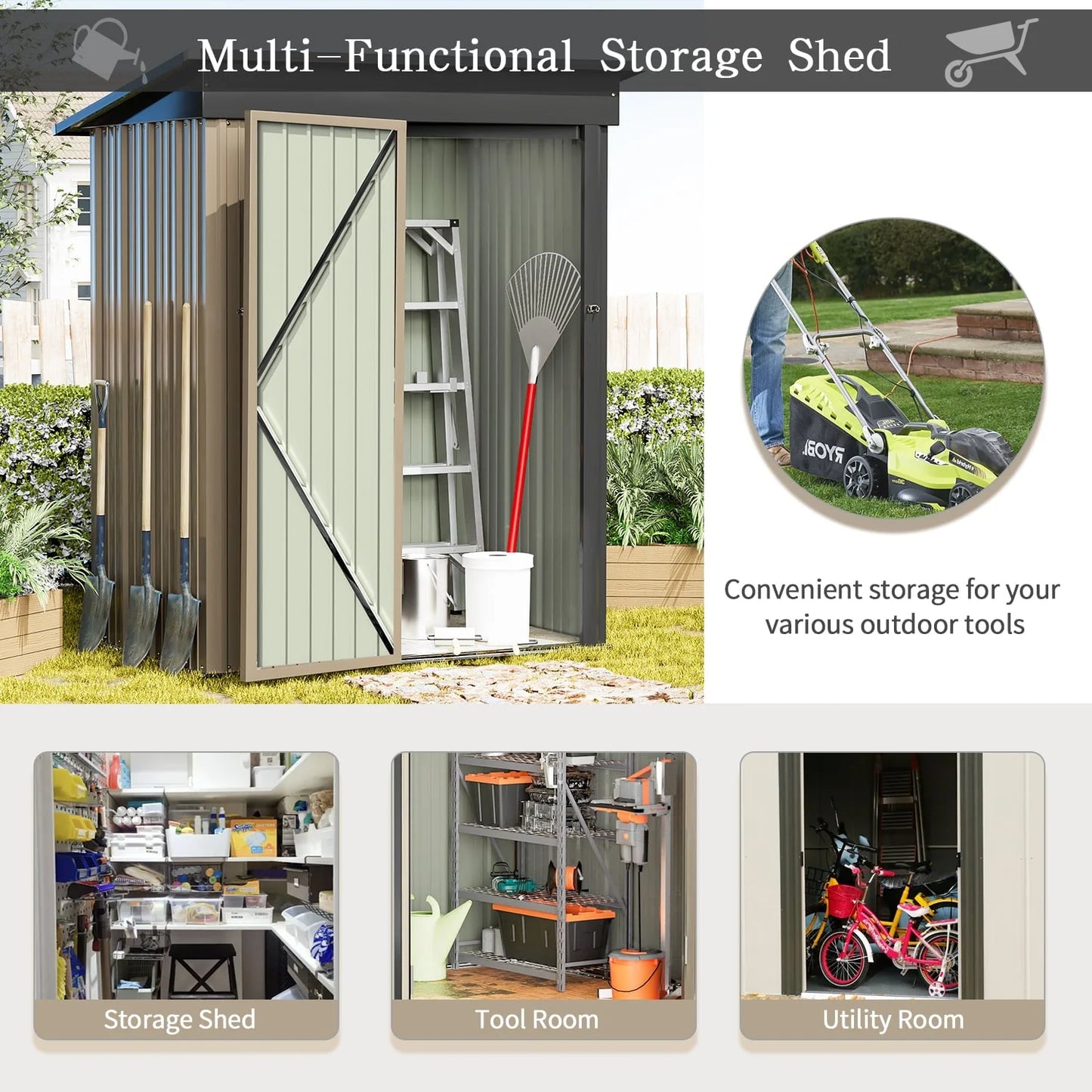 Devoko 5×3 ft.Patio Metal Shed, Lockable Garden Shed for Outdoor Backyard Patio Storage
