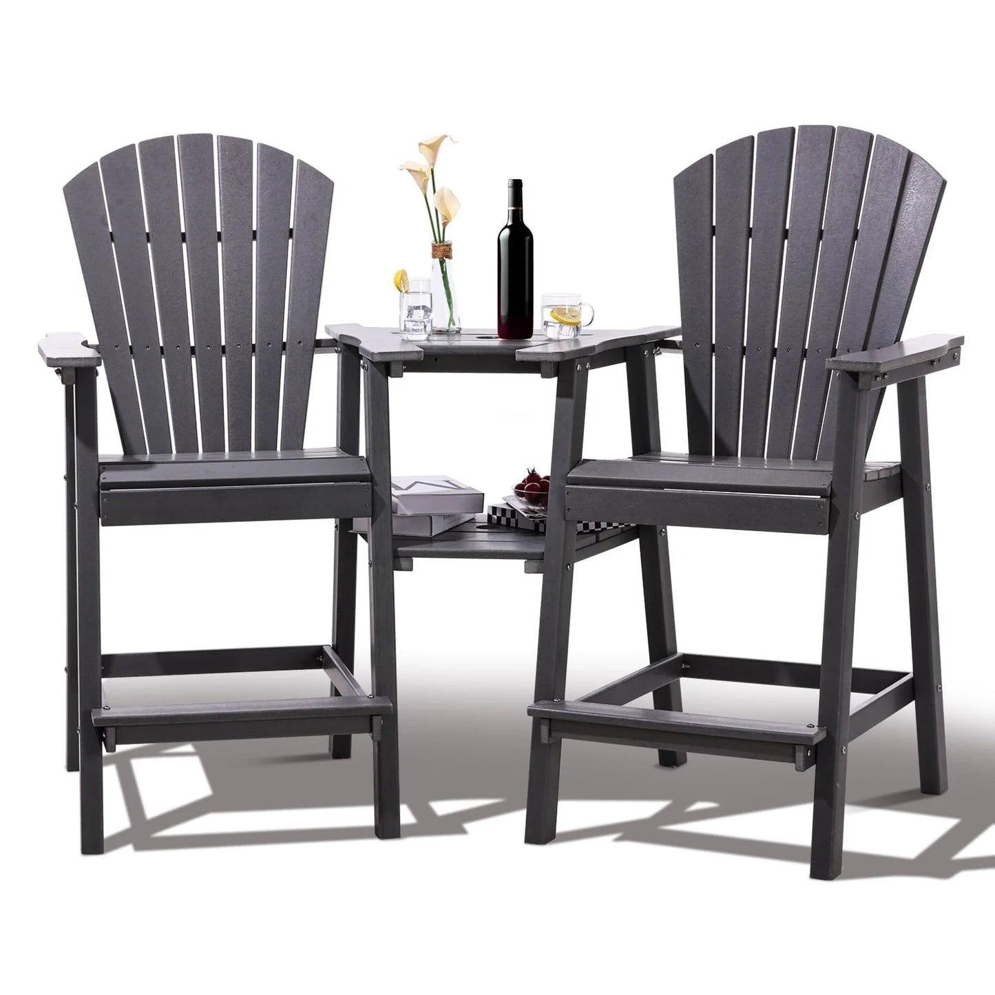 Tall Adirondack Chairs Set of 2,Outdoor Adirondack Barstools with Double Connecting Tray Patio Stools Weather Resistant for Outdoor Deck Lawn Pool Backyard,Grey